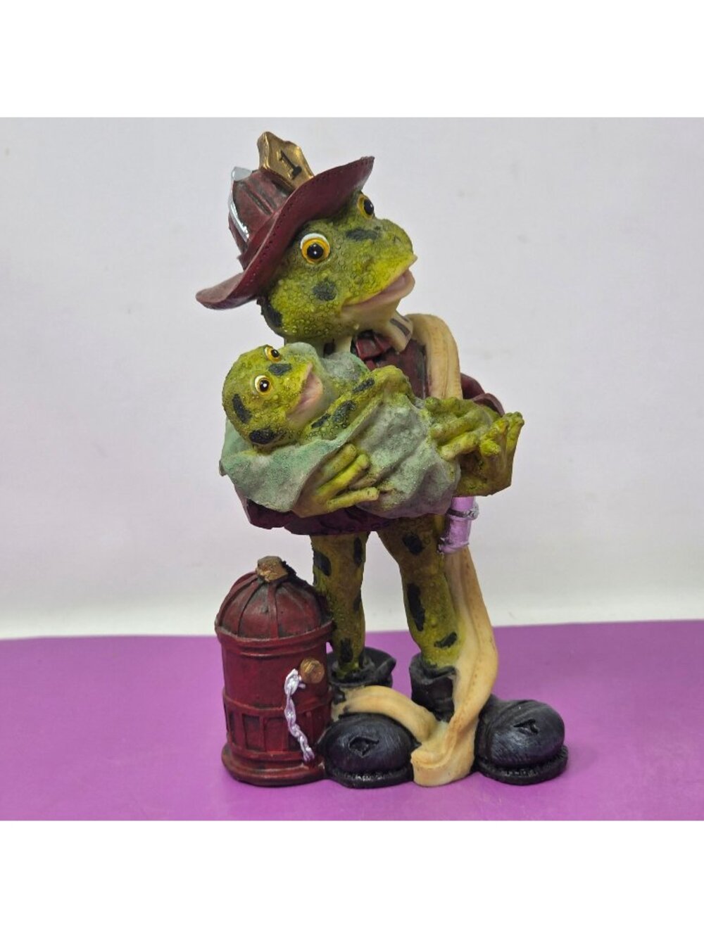 Firefighter Frog Baby Resin Figurine Collectible Fire Hydrant Red & Green Colors